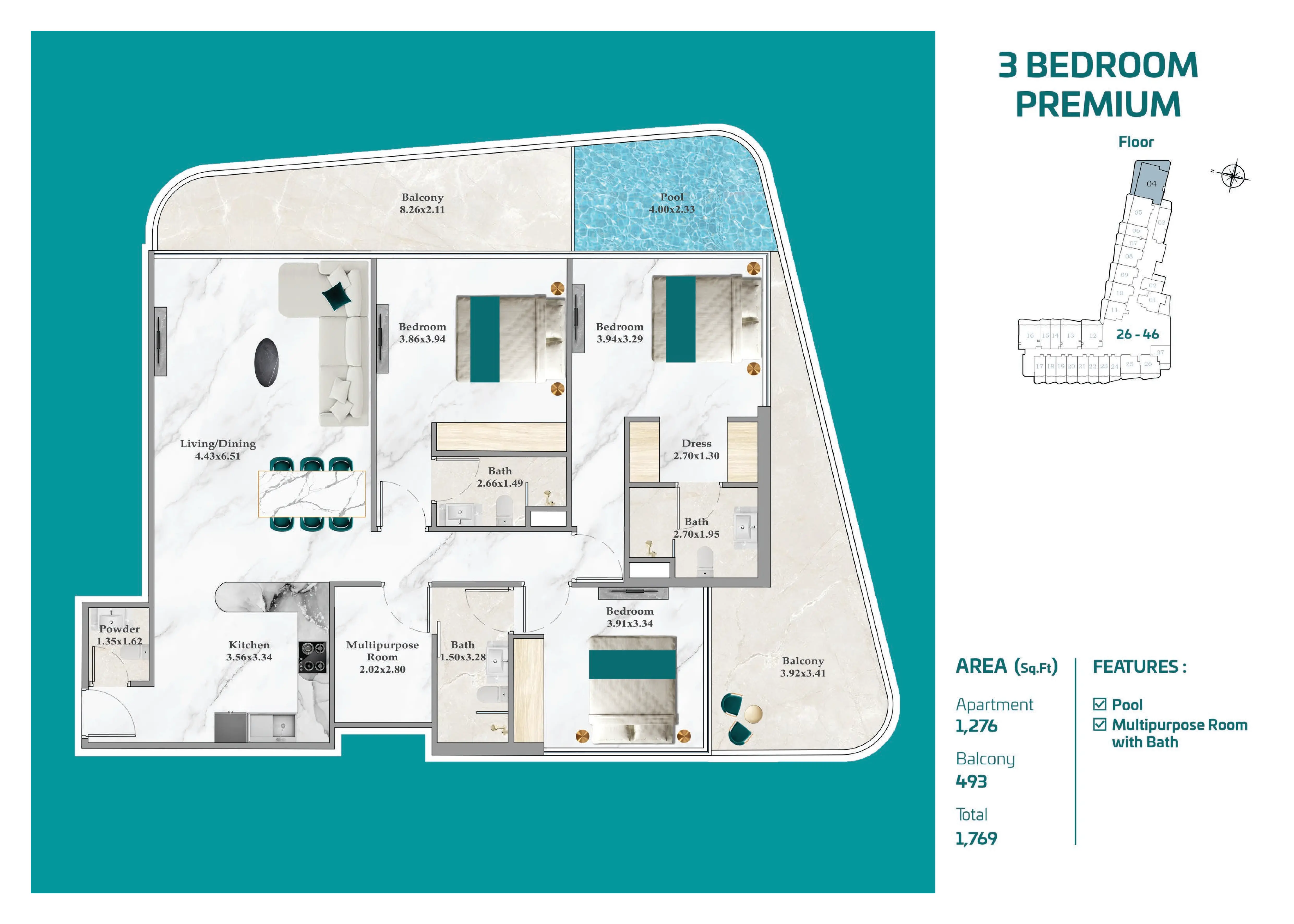 تفاصيل 3 غرف وصالة في دبي من دانوب